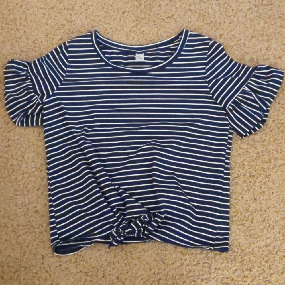 S Blue and White Striped, Ruffle-Sleeve T-Shirt
